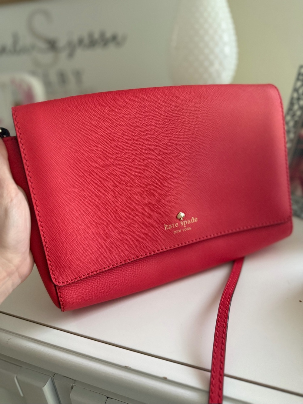 Kate Spade New York Coral Pink Saffiano Leather Crossbody Bag Gold Chain
